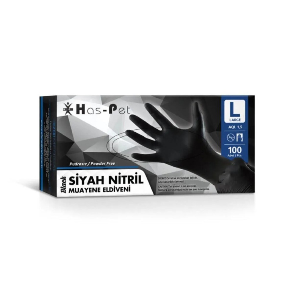 Haspet Siyah Nitril Pudrasız Eldiven 100’lü – Large Beden | Yüksek Dayanım ve Hijyen