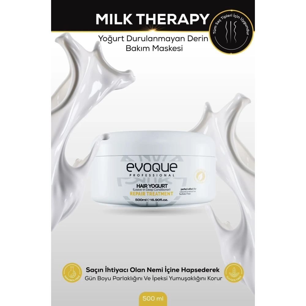 Evoque Milk Therapy Yoğurt Durulanmayan Saç Bakım Maskesi 500ml – Etkili Nem ve Onarım